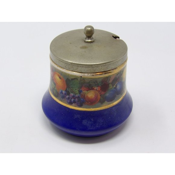Meir Wade Staffordshire Porcelain Jam Jar Blue with Gold Trim Adorned with Fruit - Picture 5 of 10